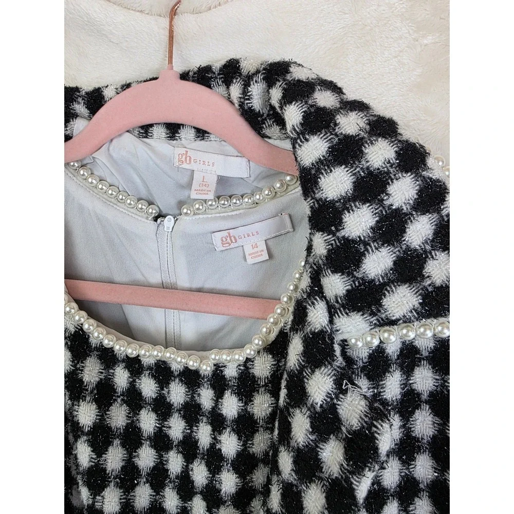 GB Girls Black White Tweed Dress and Jacket Set Faux Pearl Trim Kids‎ Size 14 L